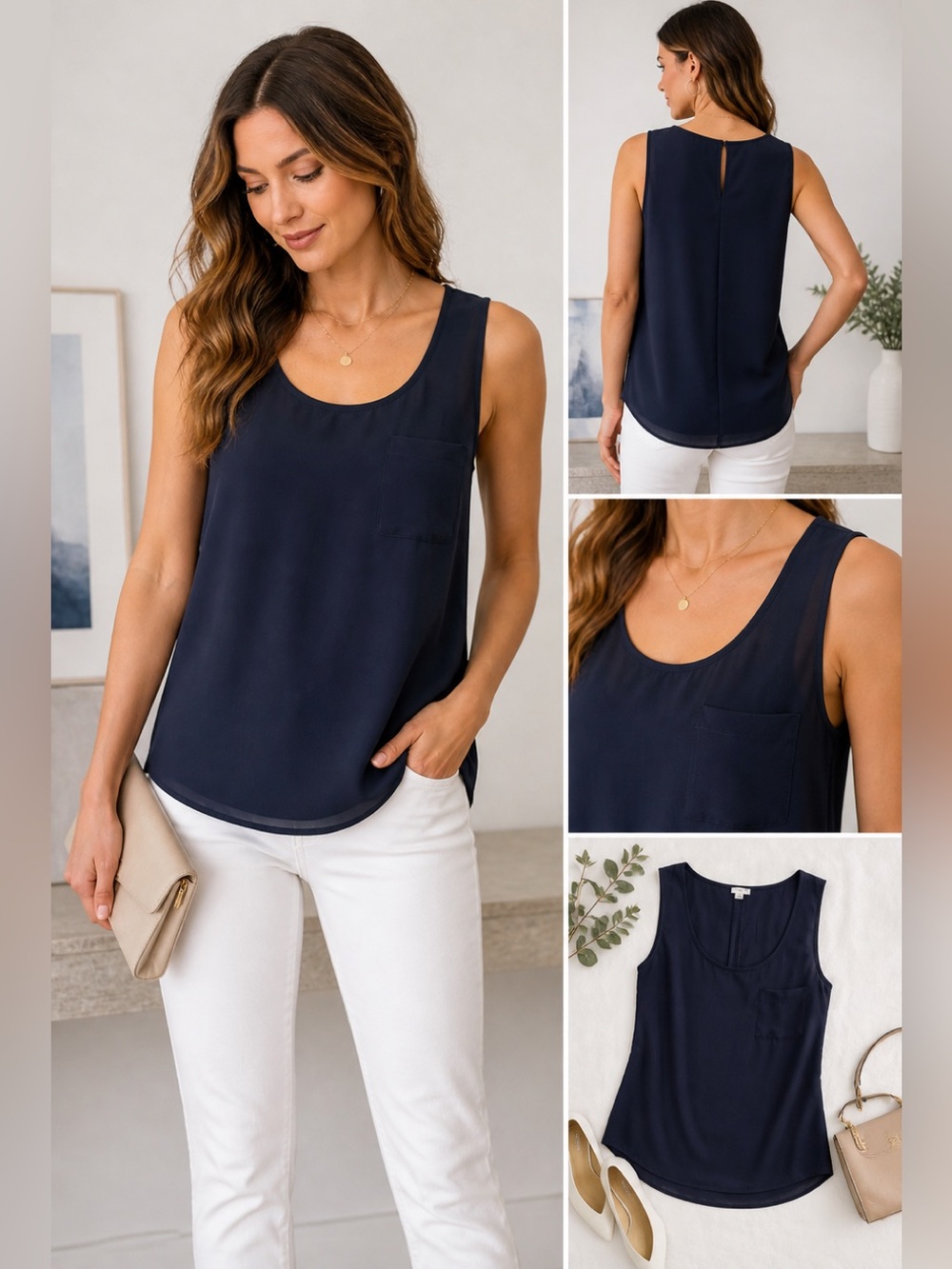 Navy Semi Sheer Sleeveless Blouse Lightweight Chiffon Pocket Top M